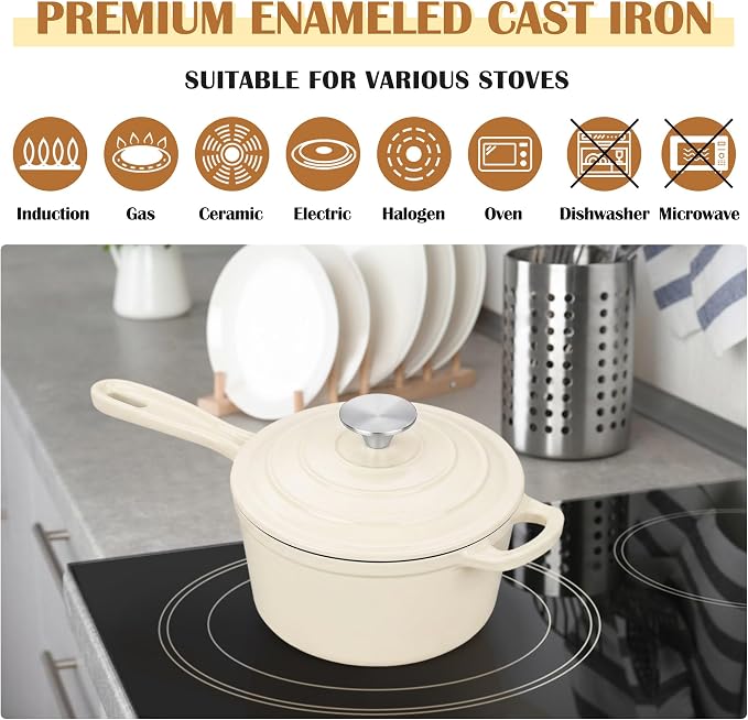 E-far Enameled Cast Iron Sauce Pan with Lid, 1 Quart Dutch Oven Saucepan, Mini Sauce Pot for Cooking, Boiling, Healthy & Non Toxic, Induction & Oven Safe, Cream