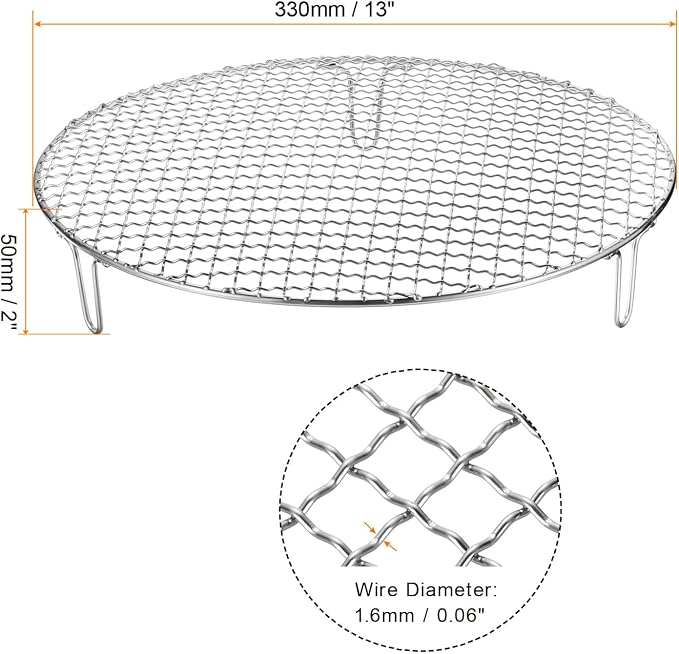 HARFINGTON Round Cooking Rack 13-inch Stainless Steel Cross Wire Barbecue Grill Net with 50mm Legs for Cooking Baking Steaming BBQ