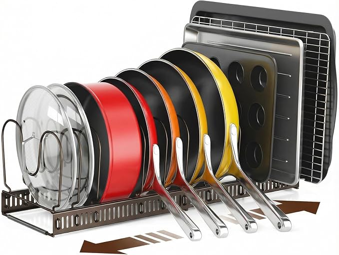 Pots and Pans Organizer under Cabinet, 11.8-22.8" 12 Dividers Bronze | Extends 11.8-22.8", Holds pot lids, pans, cookware and bakeware, Adjustable dividers, for under cabinet or countertop