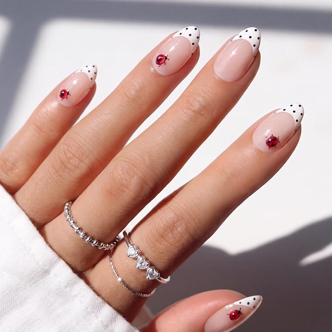 ohora Gel Press On Nails | White, French, Dot, Medium Oval | Polka Lady | Salon-Quality, 100% Real Gel, No UV Lamp, No Glue, Non-Toxic | 15 Sizes, 30 Tips | Long Lasting press ons, K beauty nails