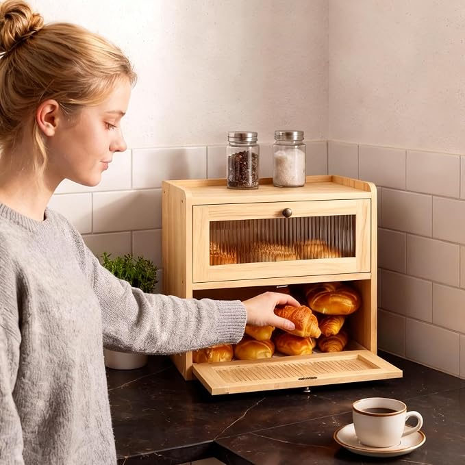 Alpeir Wooden Bread Box for Kitchen Countertop, Large Double Layer, Nature | Food-Safe Pine Wood, Double-Row Ventilation, Strong Acrylic Window, Raised Top Shelf, Easy Care, Farmhouse Corner Container