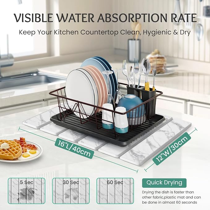 Stone Dish Drying Mat Collapsible Diatomaceous Earth Absorbent Mat Quick Dish Drying Pad Dish Rack Pad Match Any Counter to Multiple Usage for Kitchen,Bathroom