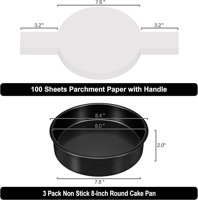 8 Inch Cake Pan, 3PCS Nonstick Baking Pans Set with 100PCS Parchment Paper | Cookie Cake Pan for Layer Cakes, Sturdy Round Cake Pans Sets for Baking for Birthday Christmas, Dishwasher Safe & Easy Clean