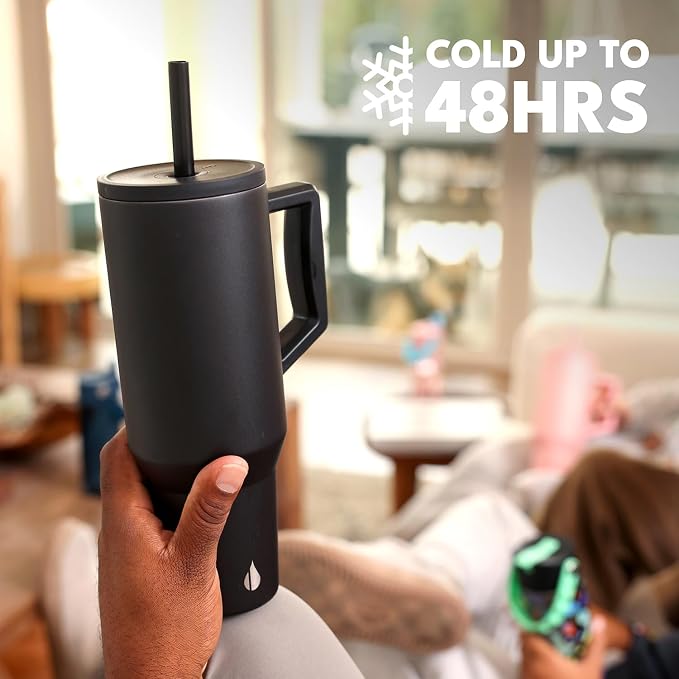 Elemental Spill Proof 40oz Insulated Tumbler with Handle & Straw Travel Mug | Stainless Steel Commuter Travel Coffee Mug for Cold Beverages, Includes 2 Straws & a Spill Proof Lid for Everyday Use
