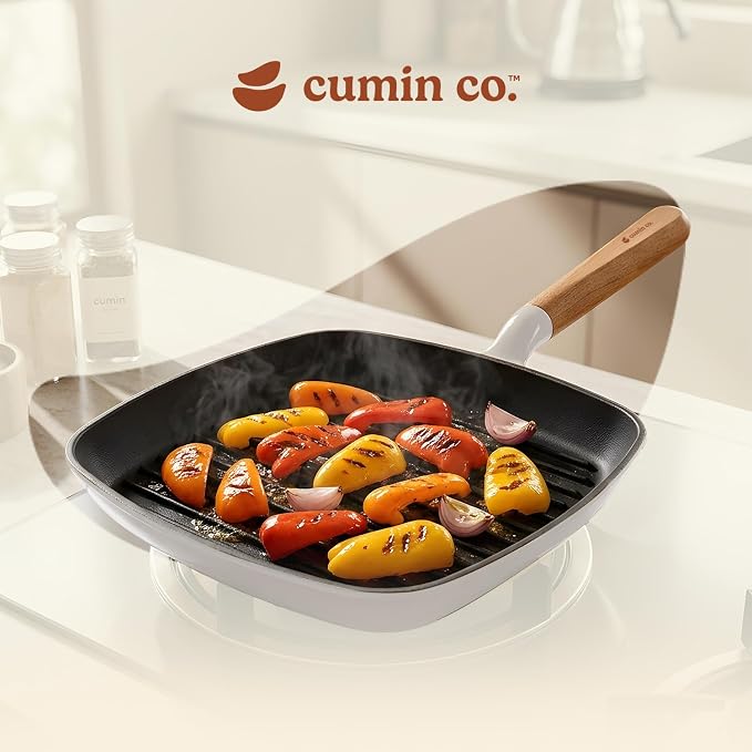 CUMIN CO. Enameled Cast Iron Grill Pan 10 Inch, 1.2 QT Grill Skillet – Non Toxic PFAS Free Cookware – Indoor Grill Pan for Steak, Chicken, Burgers & Vegetables – Induction & Oven Safe (White)