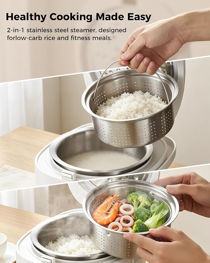 Novaspark Stainless Steel Rice Cooker Small 6 Cup (Uncooked) / 12-Cup (Cooked) with Stainless Steel Inner Pot, Compact Mini Rice Cooker Small Kitchen, Low Carb Rice Maker, 24H Timer and Auto Keep Warm