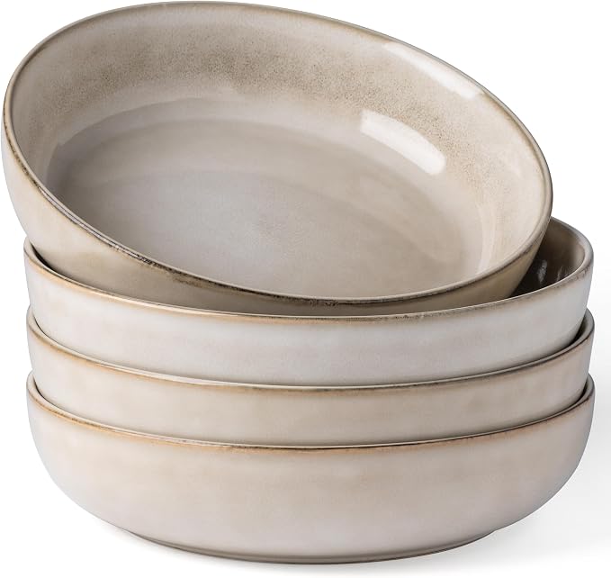 GBhome 8.75'' Large Ceramic Pasta Bowls, 38oz Stoneware Pasta Serving Bowls Set of 4 for Kitchen, Wide Bowls for Fruit,Pasta,Salad,Oatmeal,Meal, Microwave Safe, Reactive Glaze-Cappuccino