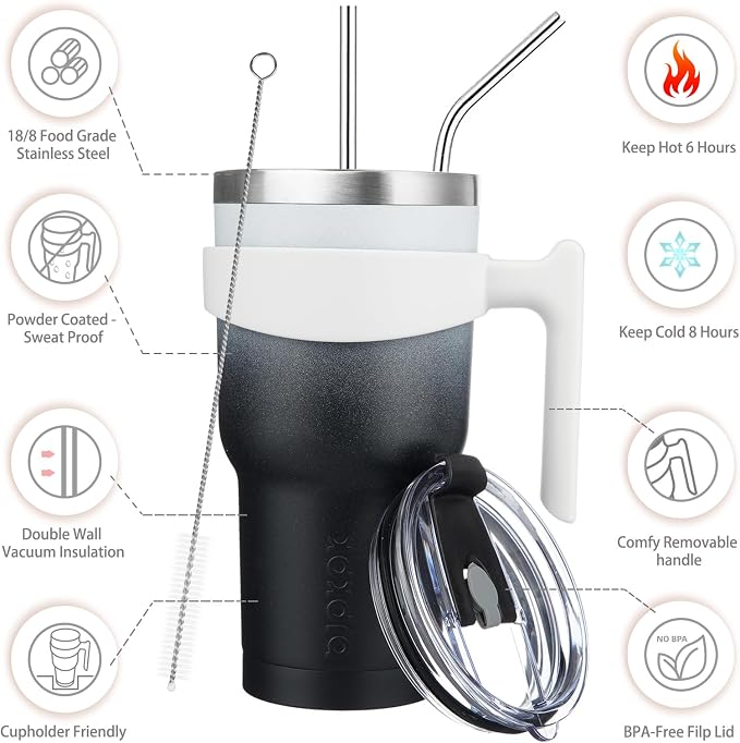 BJPKPK 30 oz Tumbler with Handle & Straw, Insulated Stainless Steel Mug | Double Wall Vacuum, Keeps Hot/Cold, Thermal Cup, BPA Free, Dishwasher Safe, Cupholder Fit, Coffee & Travel, Day & Night