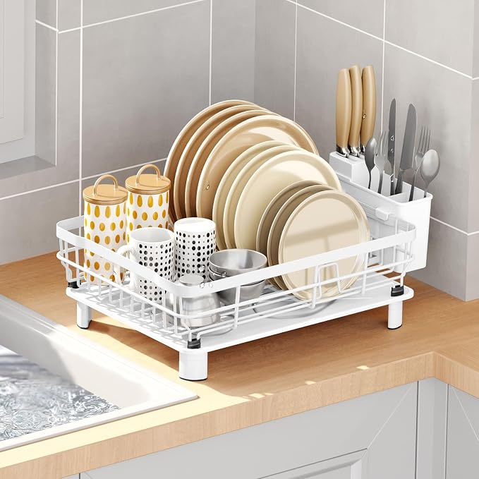 GAXmi Dish Drying Rack with Drainboard for Kitchen Countertop 1-Tier White | With utensil holder, Over the sink, Quick drainage, Space-saving, Large capacity