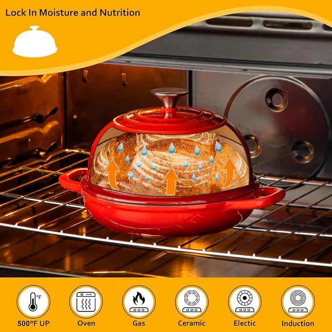 Velaze 5 QT Enameled Cast Iron Dutch Oven for Bread Baking with Dome Lid | Traps Steam for Crispy Artisan Sourdough Bread,Oven Safe,Ergonomic Handles,Gift for Bakers and Bakery Style Loaves,Red