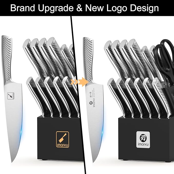 imarku 14 Pcs High-Carbon Stainless Steel Kitchen Knife Set Black | 56±2 HRC Hardness | Build-in Sharpener | Full Tang Ergonomic Handle | Dishwasher Safe | Gifts for Men