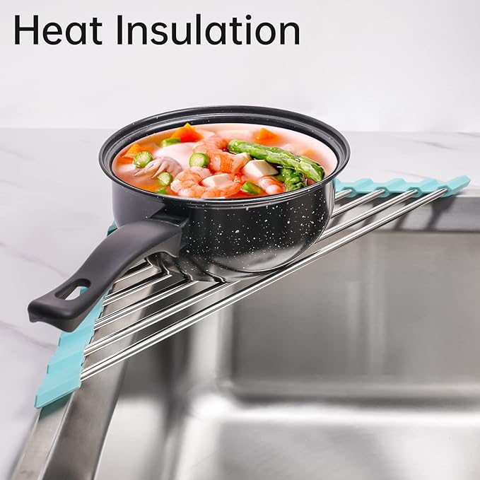 Tomorotec Green Triangle Roll-Up Dish Drying Rack for Sink Corner - Small, Foldable, Stainless Steel, Multipurpose Kitchen Drainer Caddy, Trivet, Rustproof Organizer, Storage Shelf | BPA-Free Food-Grade Silicone Edges Foldable Waterproof Rustproof Heav...