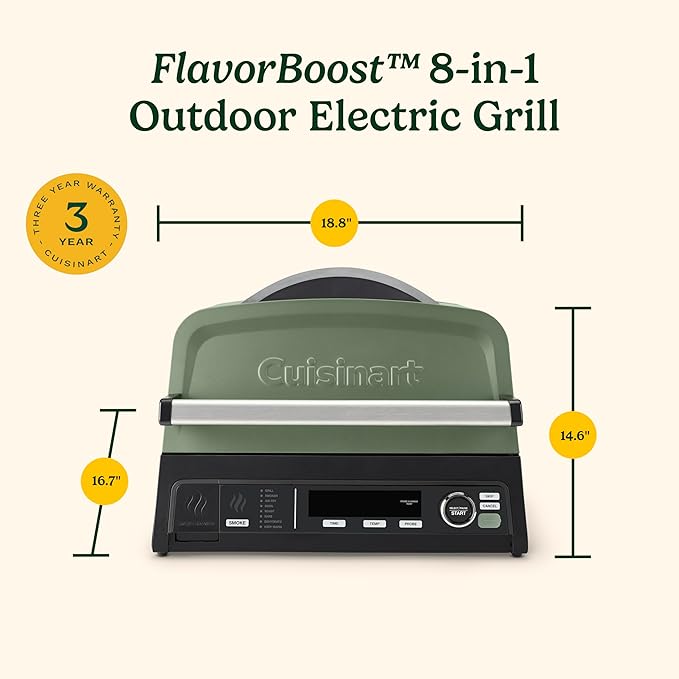 Cuisinart Outdoor Electric Grill, 8-in-1 Air Fryer/Grill/Smoker, 154 sq in | Cuisinart FlavorBoost 8-in-1 outdoor electric grill, 1800W small electric grill with air fryer & wood-pellet drawer, CEG-1302