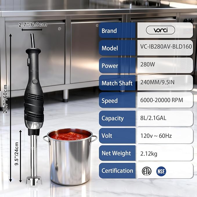 VONCI 280W Handheld Immersion Blender, With 9.5 inch Detachable Shaft | Variable Speed 6000-20000RPM, Up to 8 gal / 2.1 L, Light Duty, Stainless Steel, Ideal for Light Dressings