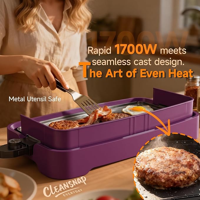 Cleansnap Everyday Electric Griddle, Great Gift for Family Feasts - 20” Nonstick Grill with Foldable Anti-Mess Shield, Rapid 1700W Heat & PPG Ceramic Coating, Dishwasher Safe, Twilight Purple