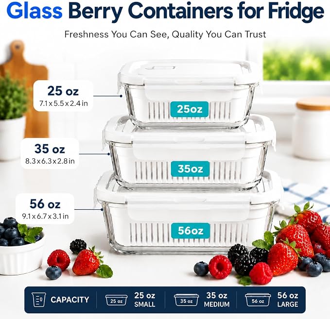 Glass Berry Container for Fridge, 3 Pack, 56oz 35oz 25oz, with Removable Colander and Vent Valve, Fresh Produce Storage Set(White)