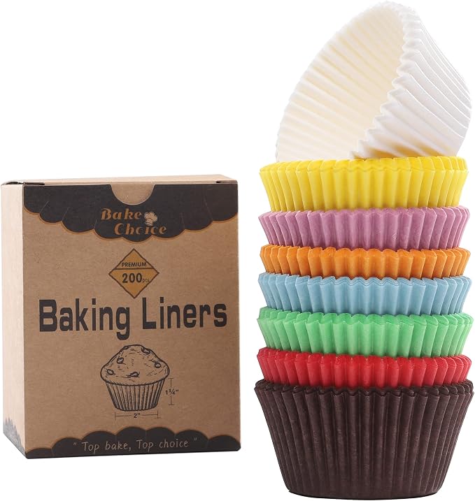 Bake Choice 200pc Standard Cupcake Liners for Baking, Rainbow Muffin Liners | Food-Grade Cupcake Wrappers, Greaseproof Parchment Paper For Christmas Decorations