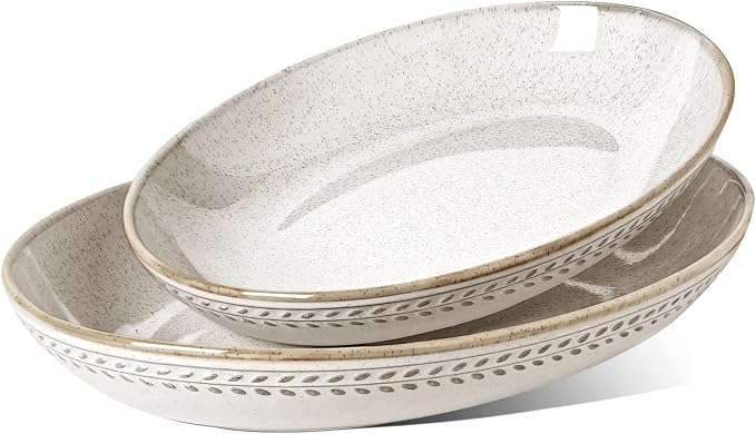 LE TAUCI Ceramic Serving Bowls Set of 2, Large Oval Serving Dishes for Entertaining, 11.8 & 13.5 Inch Salad Bowl for Kitchen Counter, Fruit Bowl, Pasta Bowls, Microwave and Dishwasher Safe - Birch