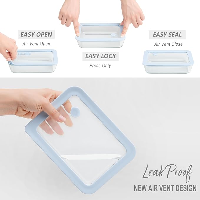 Glass Food Container Set with Glass Lid, 6 Pack, Meal Prep Containers with Silicone Framed Airtight Lid, Leakproof, 100% Plastic Free,