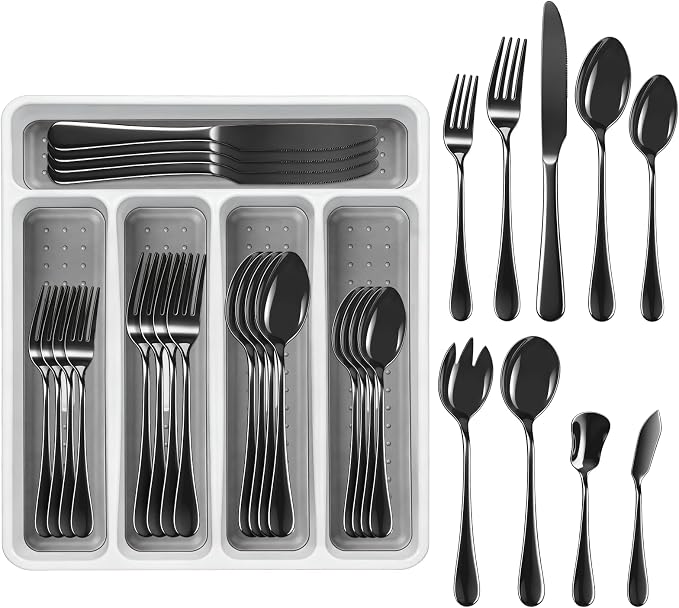 Black Silverware Set with Organizer, 45-Piece Stainless Steel Cutlery Set | Flatware Set for 8, Includes Forks, Knives, Spoons & Serving Utensils, for Dining, Entertaining & Housewarming