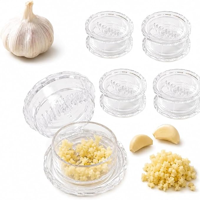 4 Pack Garlic Presses Clear, Manual Garlic Twister Masher - Plastic Garlic Grinder and Mincer Tool Dishwasher Safe & Easy to Clean Rotary Chopper for Garlic, Chili, Onion and Nuts, Compact
