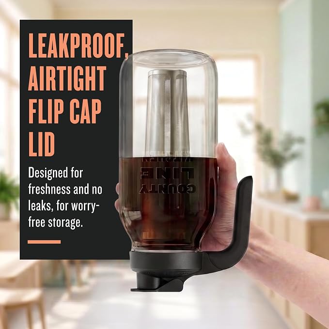 County Line Kitchen 64oz Cold Brew Coffee Maker with Leak Proof Lid - Black | Glass Cold Brew Coffee Maker - Wide Mouth Mason Jar, Stainless Steel Filter & Leak-Proof Lid (64 oz)