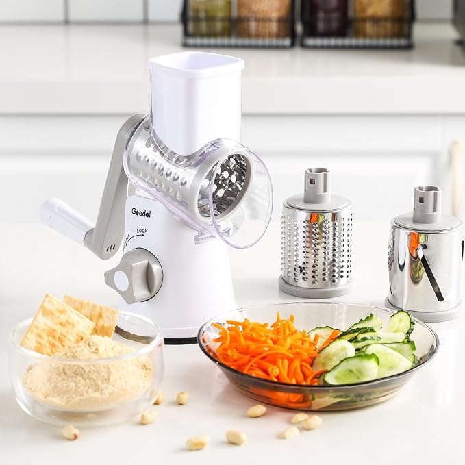 Geedel Rotary Cheese Grater Hand Crank, Cheese Shredder Vegetable Slicer | 3 Blades, 430 Stainless Steel, 12x Fast Cutting, Strong Suction Base, No BPA, Dishwasher Safe, for Cheese, Veggie, Nut
