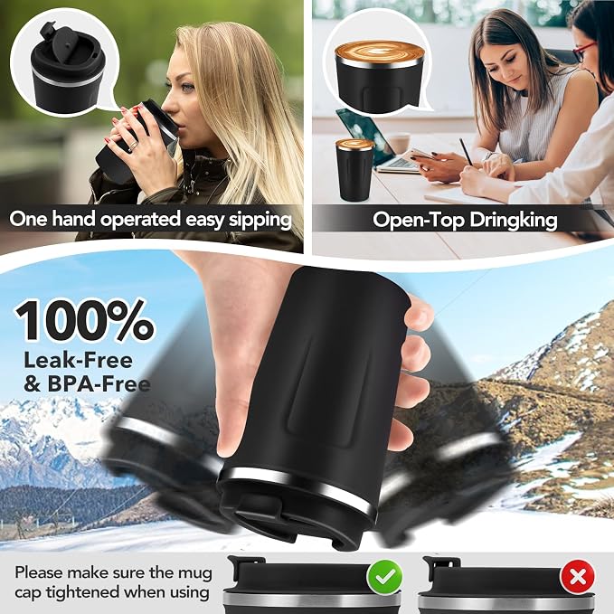 Volhoply 12 oz Double Wall Insulated Vacuum Travel Coffee Mugs with Flip Lid Bulk 2 Pack,Reusable Stainless Steel Leak Proof Coffee Cup,Portable Thermal Tumbler for Cold & Hot Drinks(Assorted,2 Set)