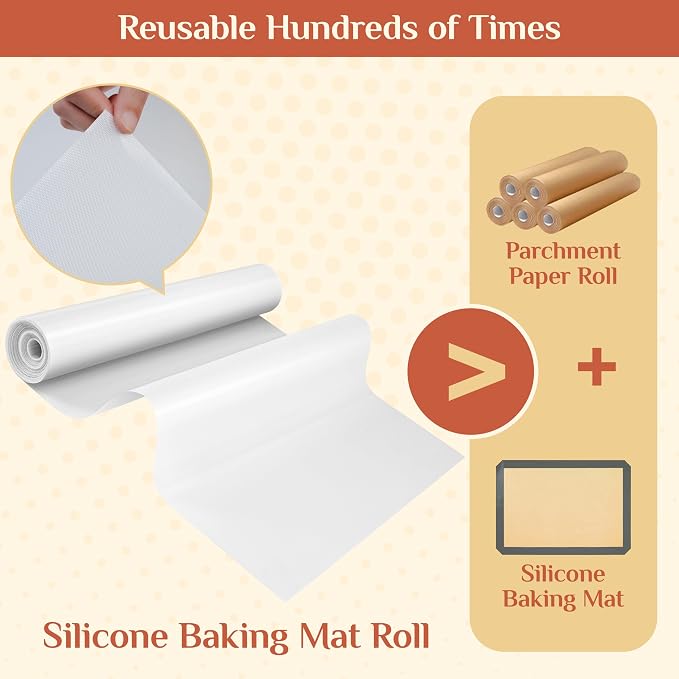 GTJ Silicone Baking Mat Roll, Reusable Baking Sheet Liners, 24 in x 6 ft | Free Cut to Size, Food-Grade, Non-Stick, Non-Slip, For Dough, Pastry, Air Fryer, Freeze Dryer, Oven Pan, Kitchen Counter