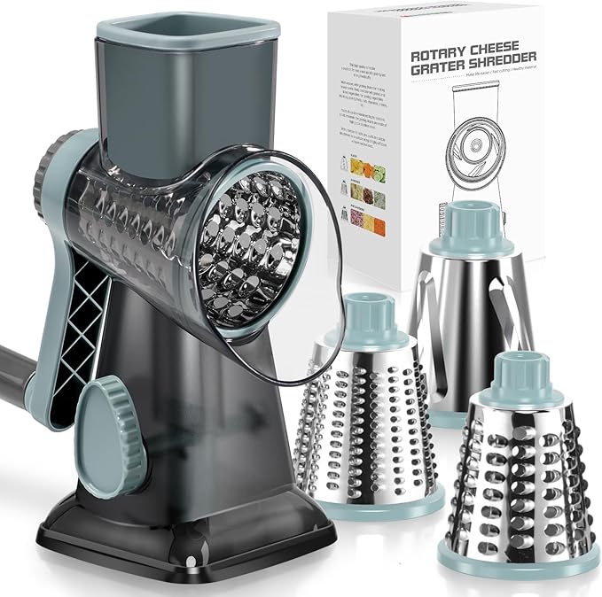 Rotary Cheese Grater Hand Crank Transparent - Shredder Slicer Grinder 3 Stainless Steel Blades, Stable Suction, Labor-Saving Handle, Safe Kitchen Tool for Cheese, Vegetable, Nuts, Chocolate
