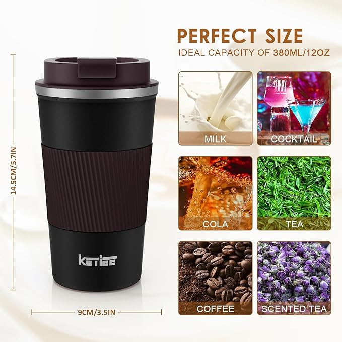 KETIEE Travel Mug, 12oz Insulated Coffee Cup with Leakproof Lid, Vacuum Stainless Steel Double-Wall Travel Coffee Mug Spill Proof, Reusable Tumbler for Men and Women for Hot & Cold Water Tea