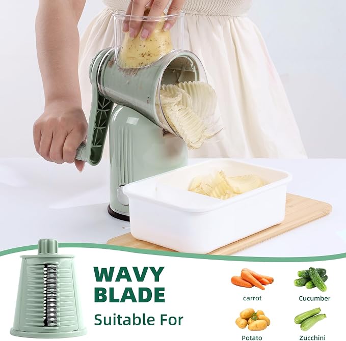 Rotary Cheese Grater with Handle, 5 Replaceable Blades(Green) | Strong Suction Base, Round Food Slicer & Chopper for Kitchen Fruit Vegetables Nuts with Blade Storage Box