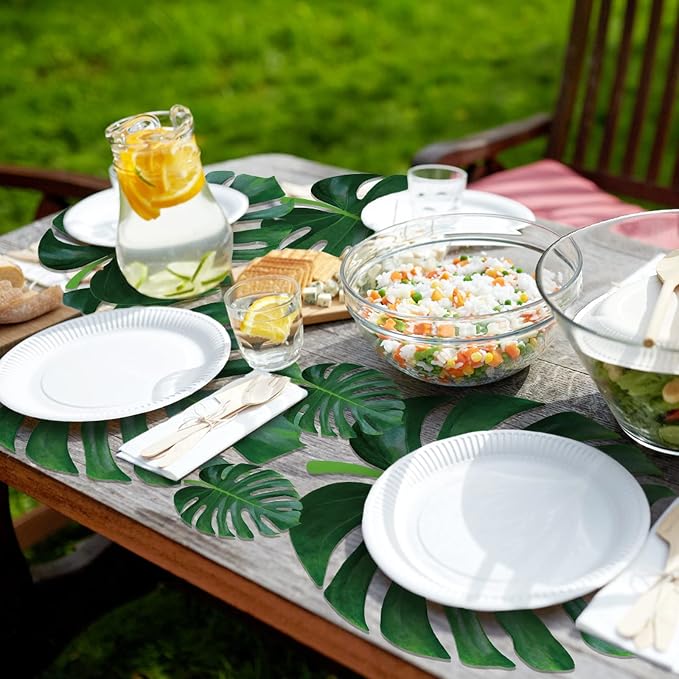 Geosar 200 Disposable Paper Placemats and Coasters Set Summer Hawaiian Luau Placemat with Coasters Outdoor Indoor for Greenery Jungle Dining Table Decoration Shower Birthday(Palm Leaf)