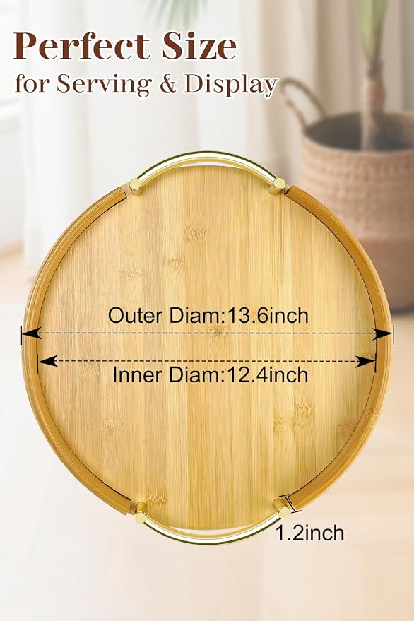 JUPELI 14″ Round Bamboo Serving Tray with Handles – Decorative Tray, Breakfast Tray, Coffee Table Tray, Ottoman Tray, Kitchen Platter for Drinks, Snacks, Vanity, Home Decor & Gifts