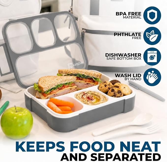 kinsho Bento Box Lunch Boxes for Kids Adults, Meal and Snack Containers School Work Travel, 4 Divided Portion Control Compartments, Japanese Style, BPA Free, Utentils Included (Grey + Black, 2 Pack)