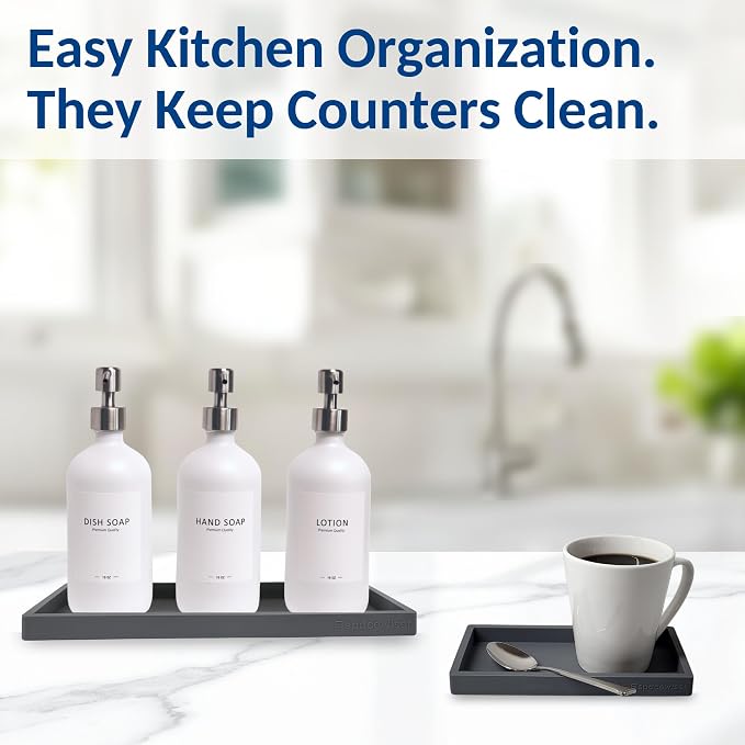 Countertop & Vanity Silicone Tray – 2 PC (11.7" & 7.7") Set | Bathroom Tray & Kitchen Soap Tray Set, Bathroom Counter Tray, Kitchen Sink Dish Soap Tray for Countertop Organization