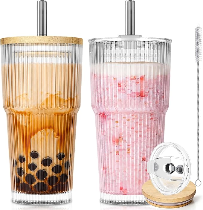 KEMORELA 20oz Ribbed Glass Tumblers with Bamboo Lids & Straws, Boba Cups | Stainless steel straws, bamboo & leak-proof dual lids. 13mm wide straw. Vintage. For boba, iced coffee, smoothies & travel.