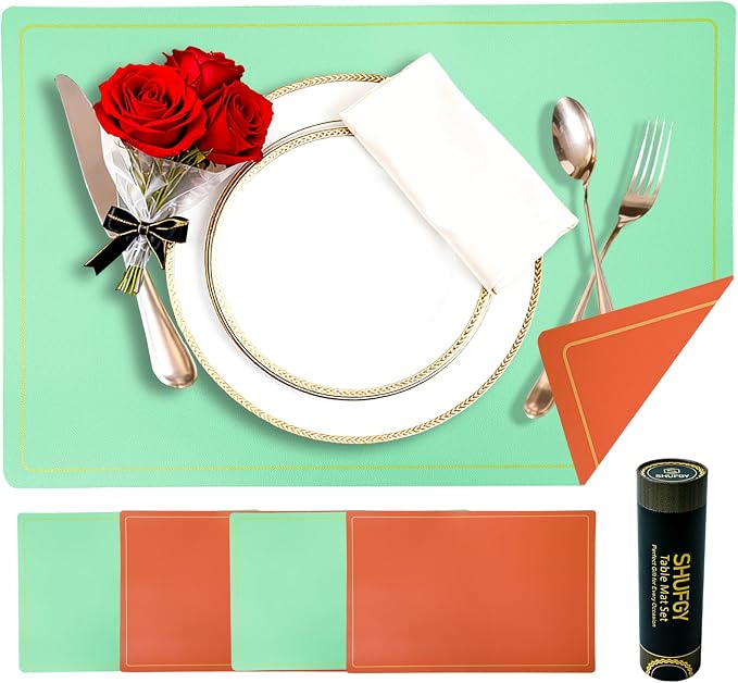 Faux Leather Placemats Set of 4, 11.8"x17.7", Green & Orange | Reversible Table Mats, Waterproof, Stain & Heat Resistant, Easy Clean for Dining, Gatherings, Outdoor