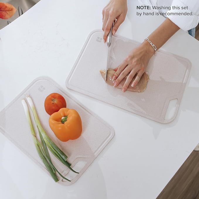 Rice Fiber Cutting Board Set with Stand, 2-Piece, Bamboo | Juice grooves, handles, 13.5x9.5in and 15.5x11in boards, cooking prep