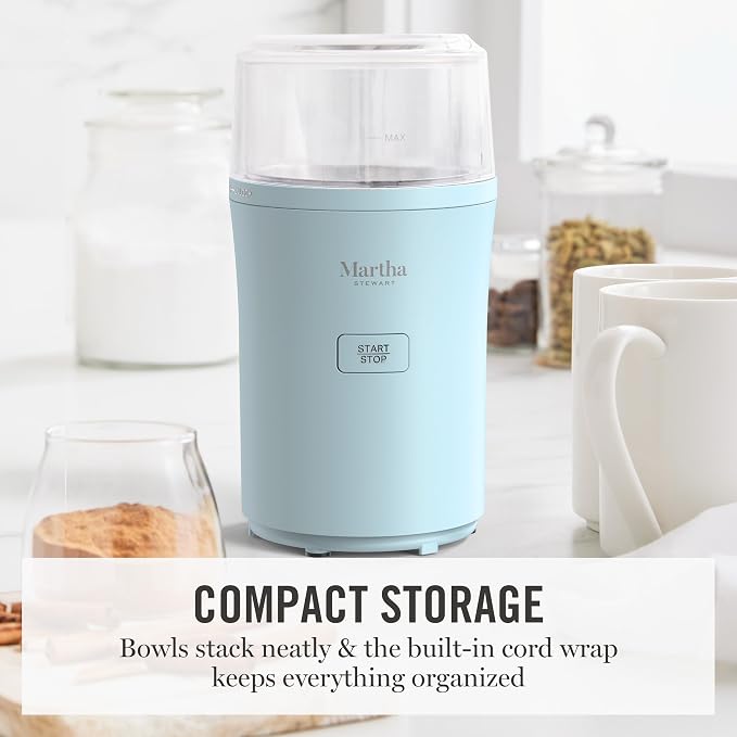 Martha Stewart Electric Coffee & Spice Grinder with Dual Bowls, Sky Blue | Dual 2.5oz Removable Bowls for Coffee Beans, Nuts, Herbs & Spices, Stainless Steel Blade, One-Touch Pulse Control, Easy Clean