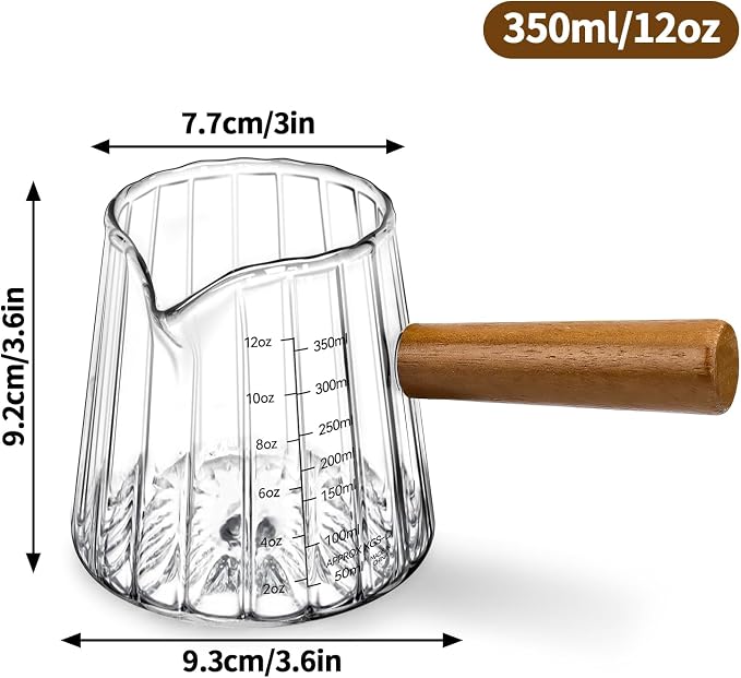 Espresso Measuring Cup 12 Oz, Espresso Glass Cups with Wood Handle, Milk Frothing Cup, Espresso Cup for Coffee, Milk, Tea or Maple Syrup Serving (Transparent, 12 oz)
