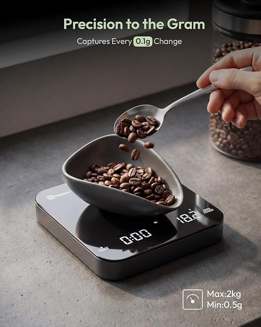 Maestri House S2 Espresso Coffee Scale with Timer 0.1g Precision Shot Scale | USB-C Rechargeable, Dual Timing Modes, 2kg/0.1g Digital Scale with Borosilicate Glass Top for Espresso and Pour-Over Brewing