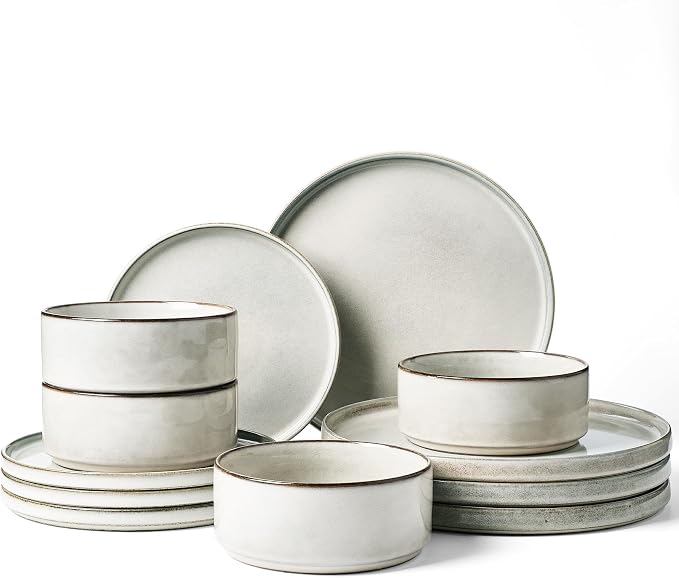 Famiware Annecy 12-Piece Stoneware Dinnerware Set, Grey White | Stoneware Plates and Bowls for 4, Handmade Reactive Glaze, Microwave & Dishwasher Safe, Chip & Scratch Resistant