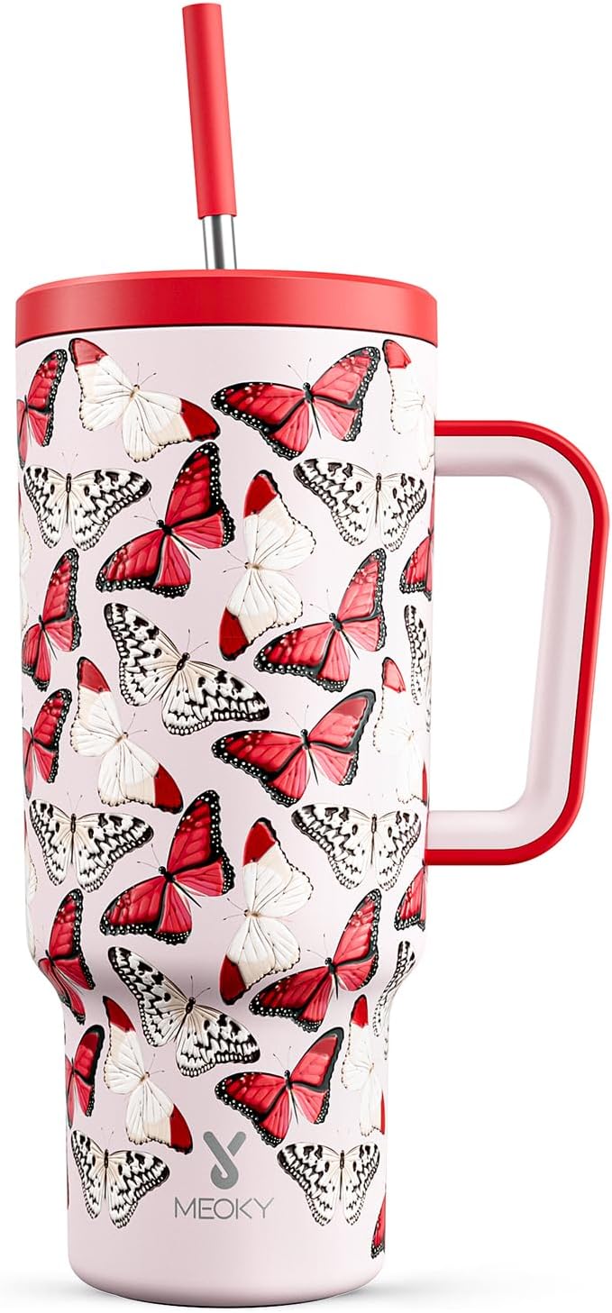 Meoky 40 oz Tumbler with Handle and Straw: Stainless Steel Insulated Tumbler with Lid and Straw - 100% Leak Proof Tumbler for Car Cup Holders - Travelers Commuters Workers, Red Butterfly