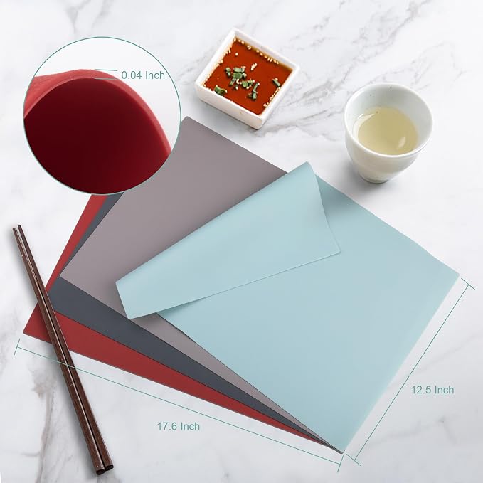 IYYI Silicone Placemats, Dining Placemats Set of 4, Waterproof Placemats for Kids, Non-Slip Silicone Mats for Dinner Table, Heat Resistant & Dishwasher Safe (Wine Red, 17.6" ×12.5")
