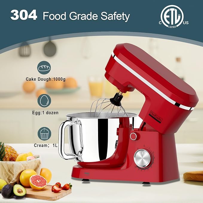 Household Stand Mixer with 6.5 Quart Bowl, 660W Household Food Mixer 10+p Speeds, Kitchen Tilt-Head Bread Dough and Cake Mixers with Dough Hook, Whisk, Beater, Splash Guard and Egg Separator (Red)