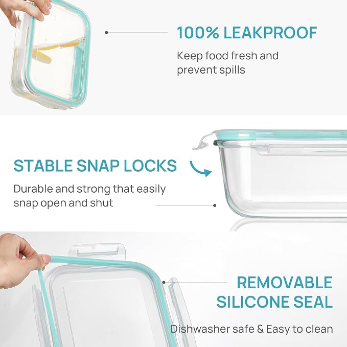 Vtopmart Large Glass Storage Containers, Green, 2Pack, 1860ml/63oz | Meal Prep Food Container Set with Snap Airtight Lid, For Baking, Microwave, Oven, Leak Proof, Freezer, Dishwasher, BPA Free