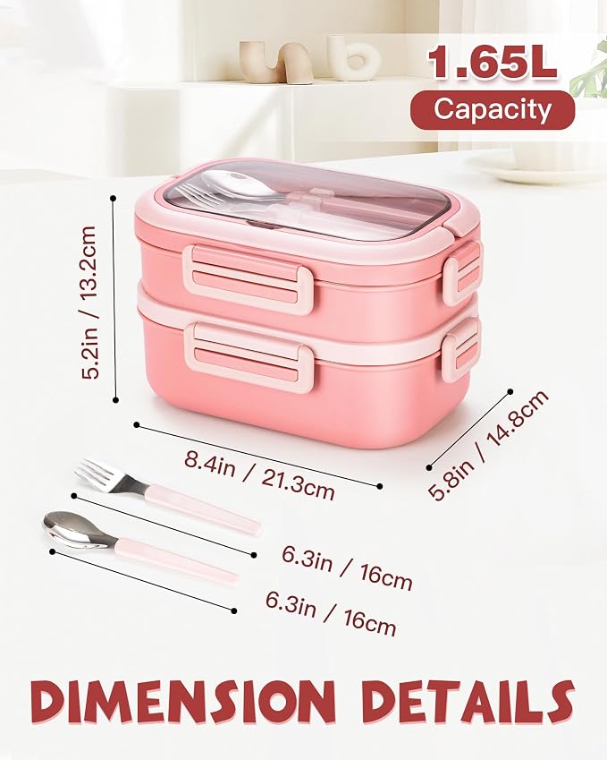 Lille Home Stackable Stainless Steel Bento Lunch Box + Insert Cutlery, 56oz | 2 Tier Leakproof Metal Lunch Boxes, 4-Compartment Food Containers for Work, Picnic, Meal Prep & Portion Control (Pink)