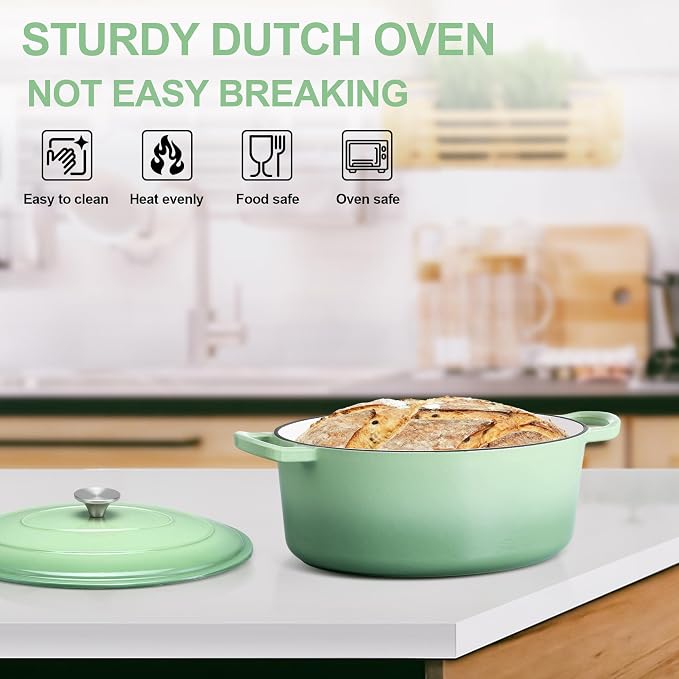 E-far 5QT Oval Dutch Oven Pot with Lid, Enameled Cast Iron Dutch Oven with Dual Handles, Heavy-Duty Cookware for Sourdough Bread Baking, Braising, Stews, Oven Safe & Easy Clean, Green