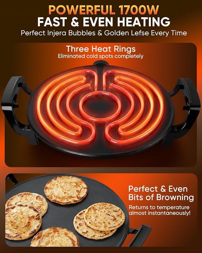 Ethiopian 18.5" Injera Maker Mitad (Mogogo), Electric Griddle with Adjustable Temperature & Time, Non-Stick Surface for Norwegian Lefse, Swedish Pancake, Indian Dosa, Digital Handle